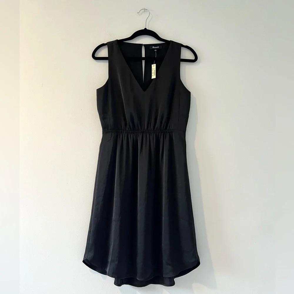 NWT Madewell nightout black silk satin midi dress v neck elastic waist 0 - Picture 4 of 11